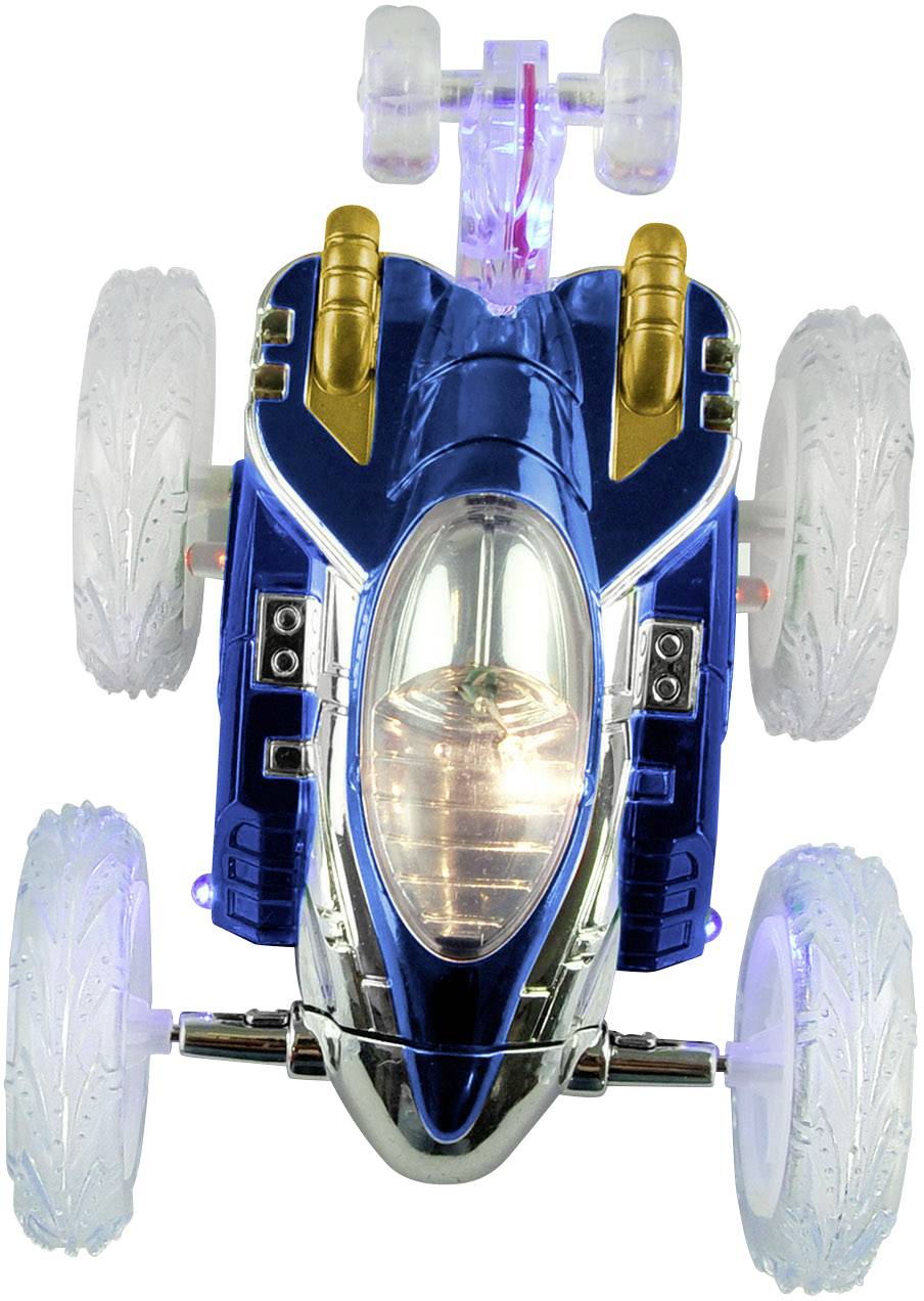 A blue and silver toy car with four large, transparent wheels, a luminous headlight, and golden details.