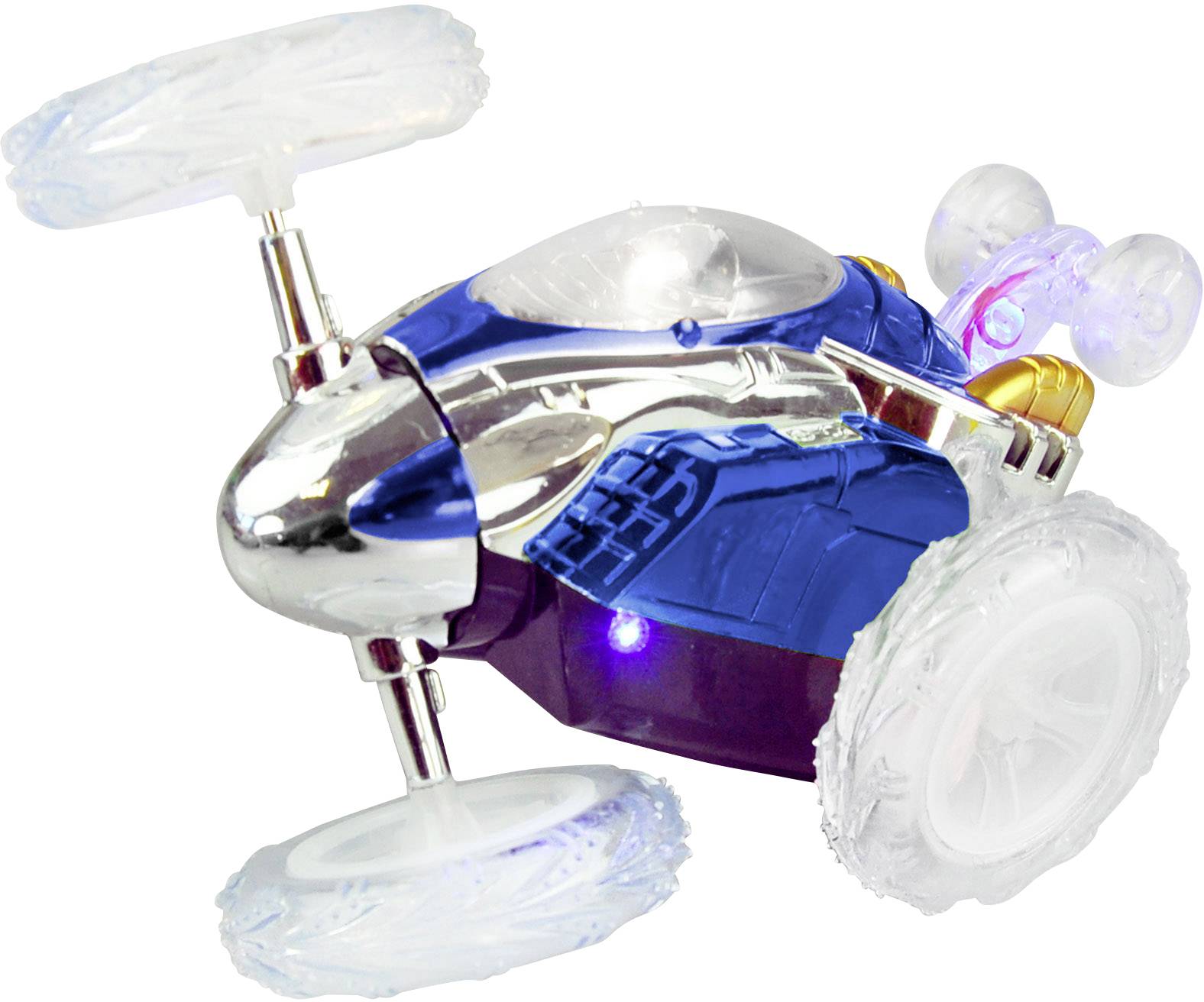 Toy car in silver and blue colours with transparent wheels. It glows and has a dynamic design.