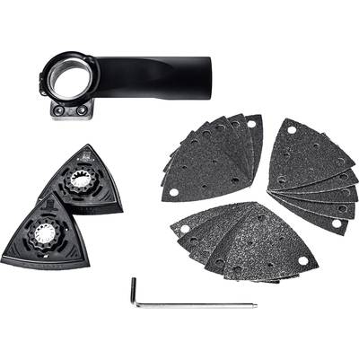Grinding accessory set for multi-functional tools, including sanding sheets and adapters, displayed against a white background.