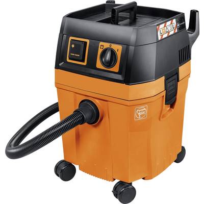 Orange wet and dry vacuum cleaner on wheels with hose and control buttons. A handle is attached on top for carrying.