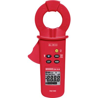 A portable, red multimeter device displays readings on a digital screen. It has control buttons and a large clamp.