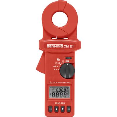 A red digital clamp metre with display, rotary dial, and function buttons for measuring voltage and current.