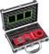 'Red earth measuring clamp' in an open silver case with foam lining and four black adapter windows.