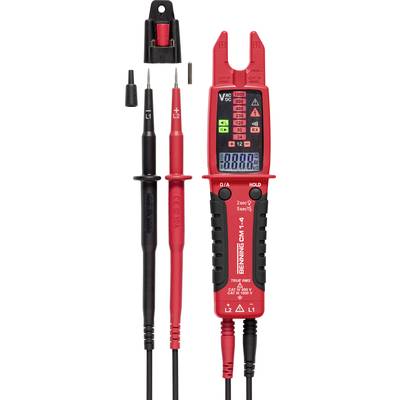 Voltage meter with digital display, measurement probes in red and black. Suitable for voltage testing and electrical diagnostics.