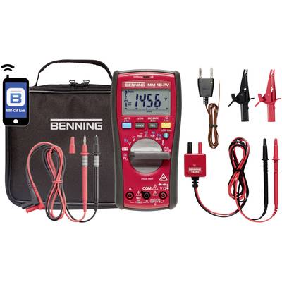 Multimeter with display reading '1456', accessories including test leads and crocodile clips. Carrying case and smartphone icon indicating app compatibility.