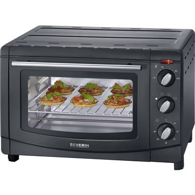 'Black mini oven with transparent window, showing mini pizzas on a wire rack inside, with rotary dial on the side.'