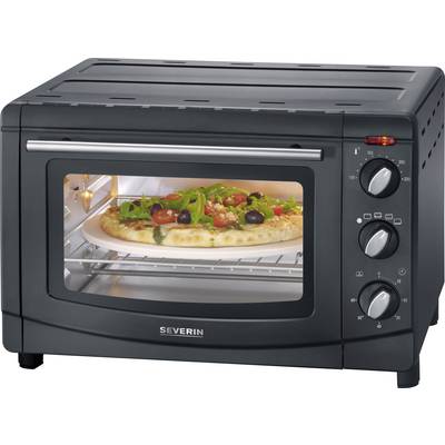 A mini oven with a pizza on the rack; the temperature and time controls are visible on the right-hand side.