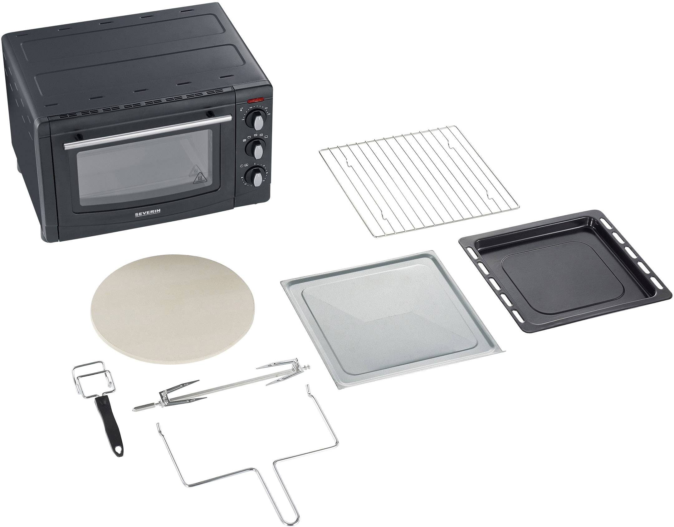 A black mini oven with accessories: grill rack, baking tray, pizza stone, crumb tray, rotisserie spit and corresponding mounting brackets.