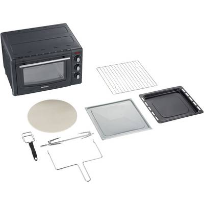 A black mini oven with accessories: grill rack, baking tray, pizza stone, crumb tray, rotisserie spit and corresponding mounting brackets.
