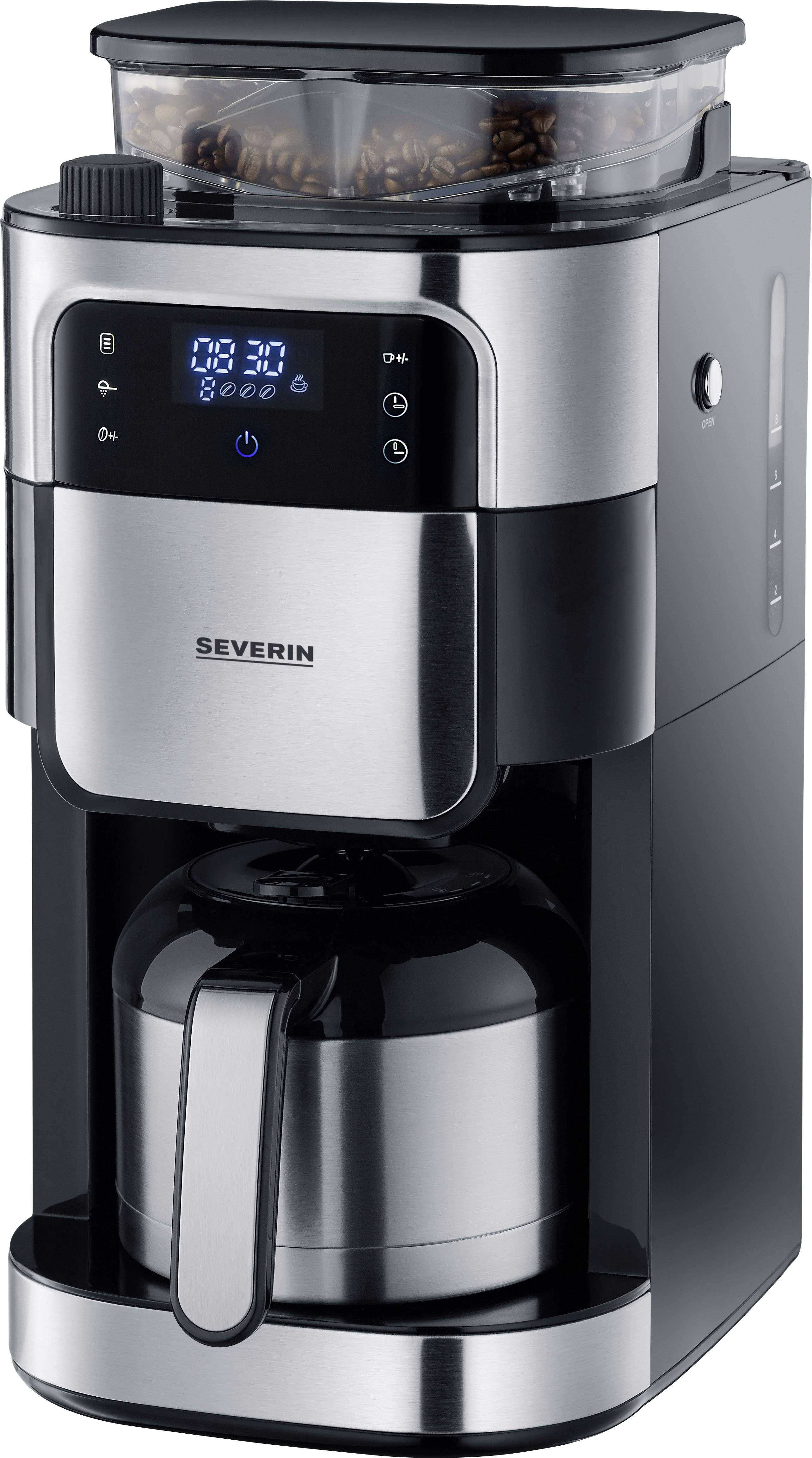 Severin Filterkaffeemaschine mit Mahlwerk und Edelstahl-Thermokanne, Coffee maker Black, Stainless steel (brushed) Cup volume=8 Display, Thermal jug, incl.