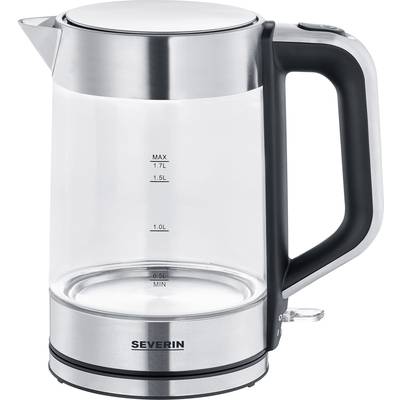 Transparent electric kettle with a black handle and stainless steel accents, showing water level indicator up to 1.7 litres.