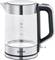 Transparent electric kettle with a black handle and stainless steel accents, showing water level indicator up to 1.7 litres.