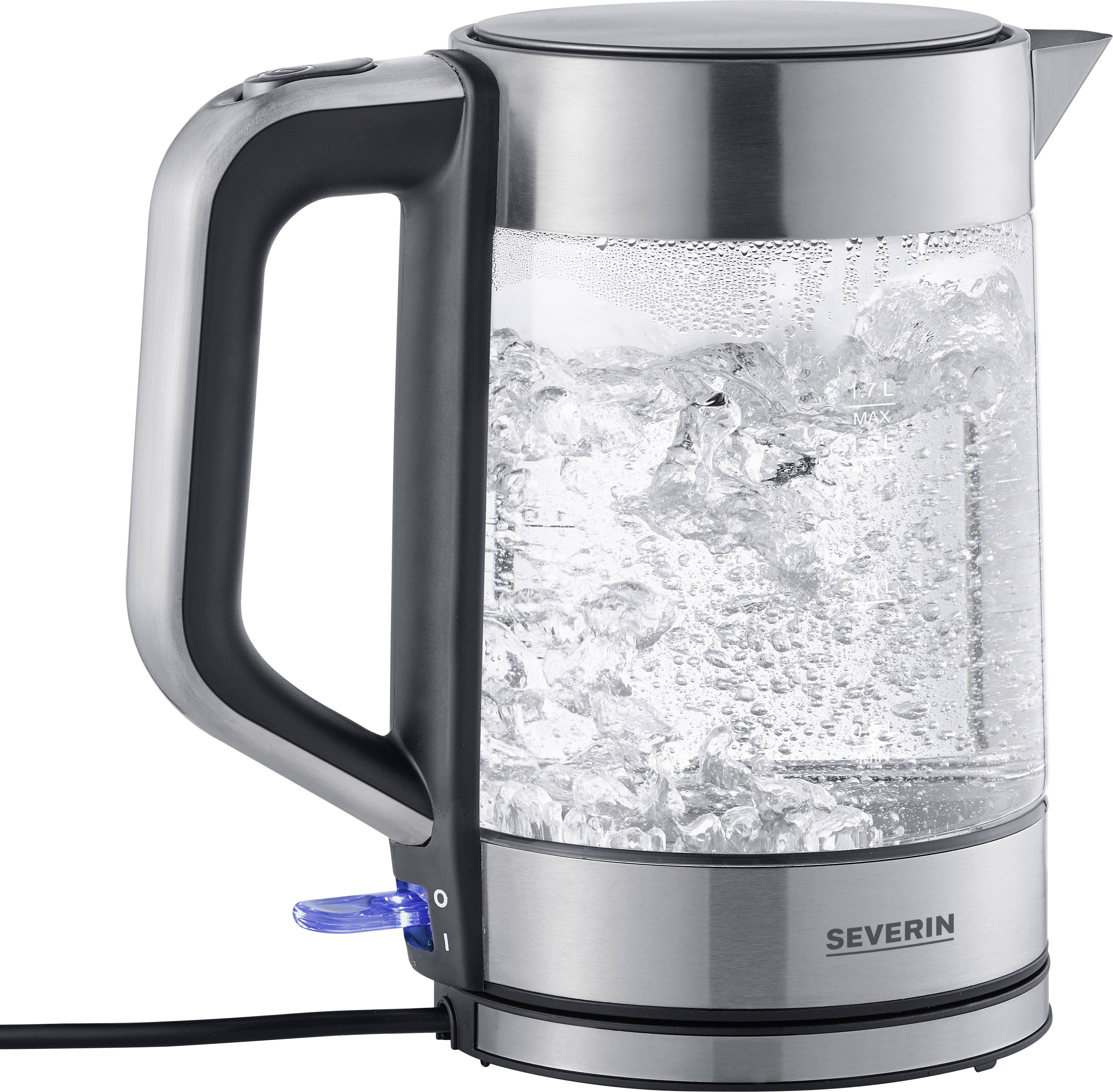 Glass electric kettle with metal accents, water boiling inside. 'Severin' brand name visible on the base.