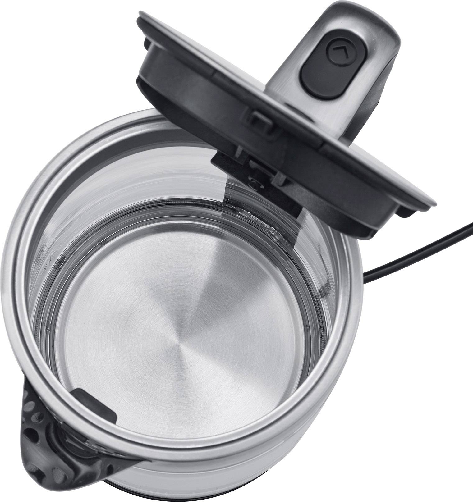 Electric kettle from above, lid open, showing stainless steel interior and cable.