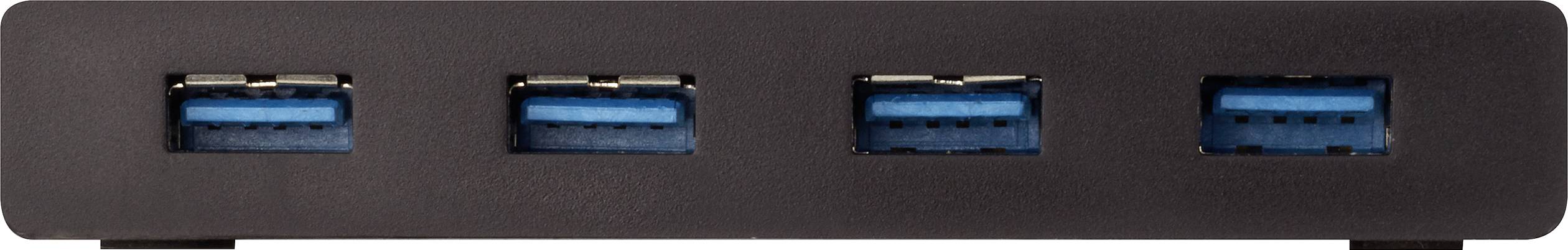 A black USB hub with four blue USB 3.0 ports in a row. Suitable for expanding USB connections on a computer.