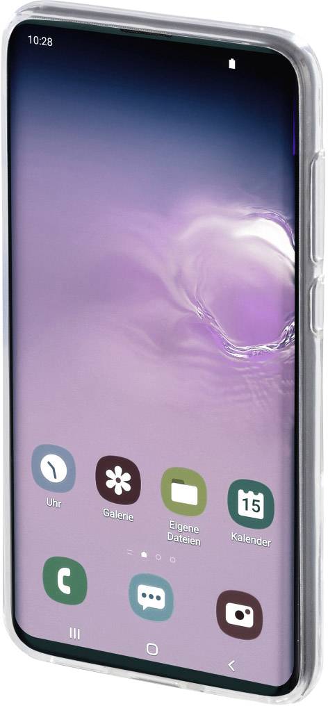 A smartphone with a purple home screen displaying icons for Clock, Gallery, My Files, and Calendar.