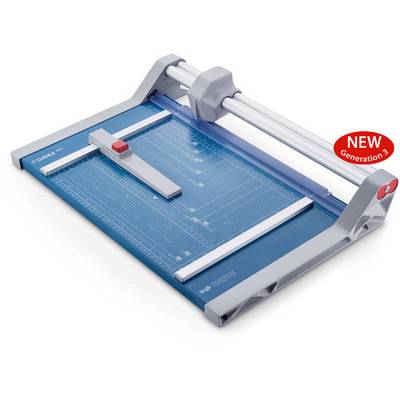 Paper cutting machine with blue cutting board and measurement lines. Grey plastic slider with red button. Inscription reads 'NEW Generation 3'.