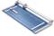 Paper trimmer with blue cutting board and metal guide rail, suitable for precise cutting of paper sheets.
