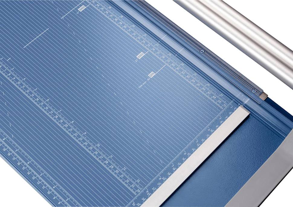 A blue lever paper cutter with scales for precise measurement, suitable for accurately cutting paper or cardboard.