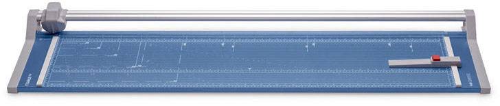 Blue rotary cutter with metal cutting head and ruler, suitable for precise cutting of paper and photographs.