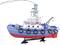 Small model of a coastguard boat with blue-white-red paintwork and 'Coastguard' lettering, equipped with a crane.