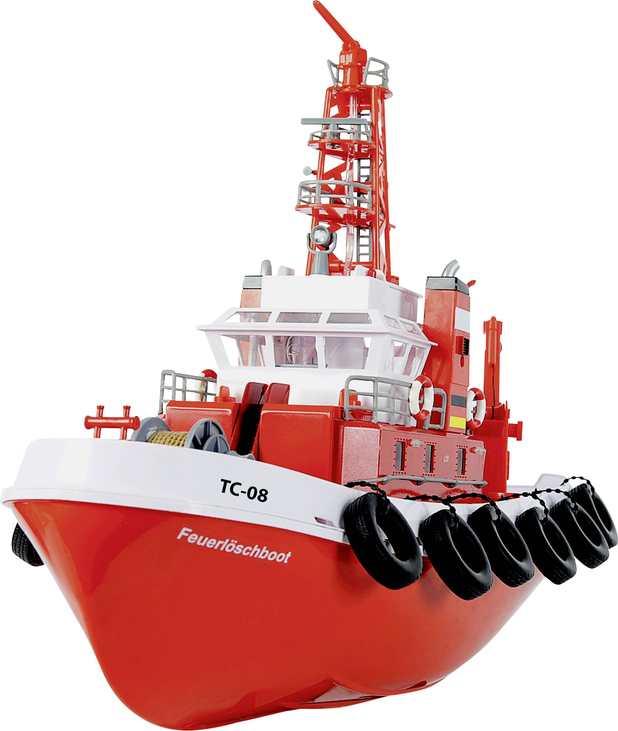 Red fire-fighting boat with the inscription 'TC-08'. It has multiple water hoses and is prepared for a mission.