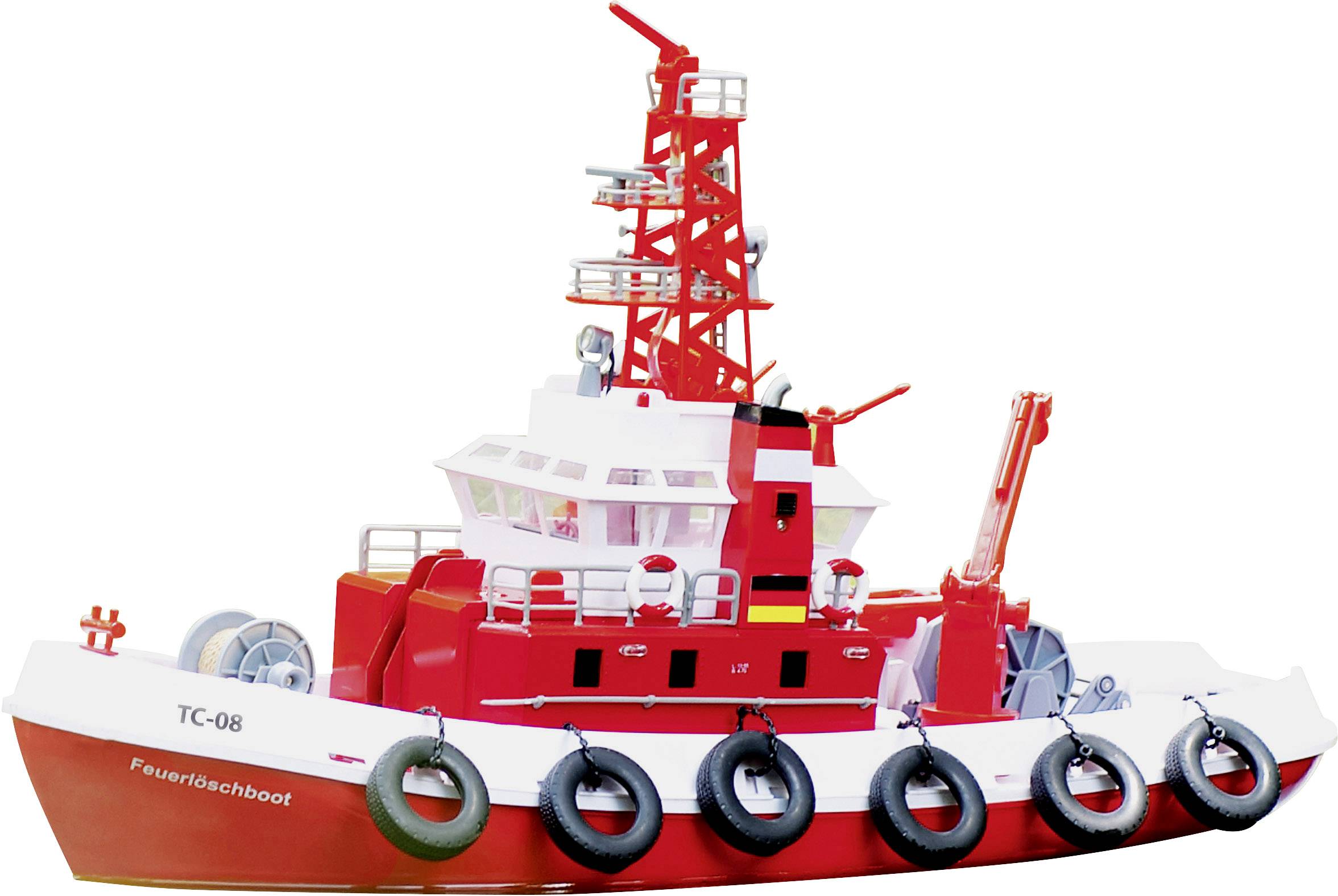 A red and white model of a fire rescue boat with the label 'TC-08'. The boat displays rescue rings mounted on its sides.