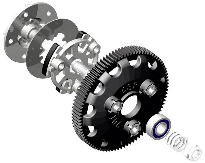 Exploded diagram of a gearbox with cogwheels, bolts and springs, showing the composition of the mechanical components.