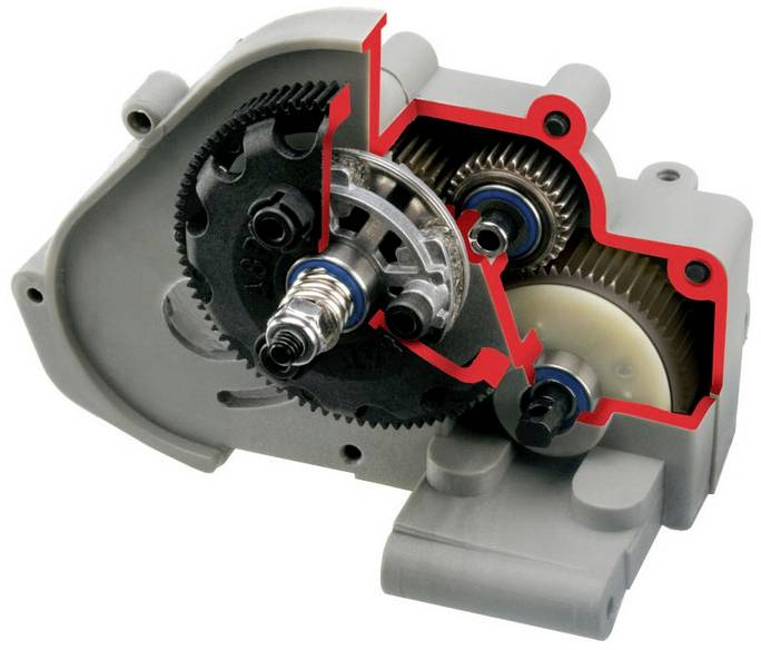 A cross-section of a transmission shows gears and bearings. Highlighted areas illustrate internal components and structures.