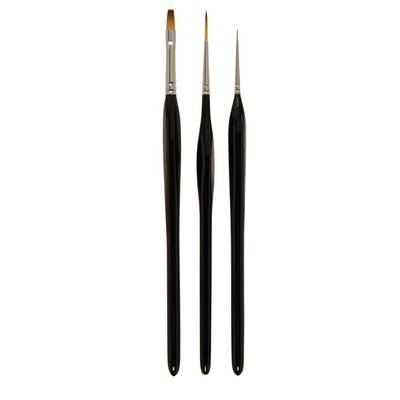 Three different-sized brushes with black handles and fine tips stand upright next to each other.