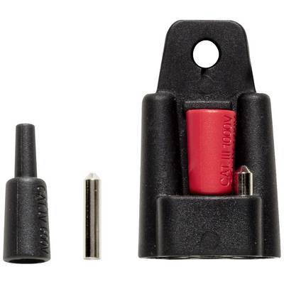 A black adapter with a red insert and two separate metal tips. The adapter has a hole for mounting.