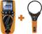 An orange digital multimeter and a matching current clamp. The multimeter displays '1999 MΩ' and has several function buttons.