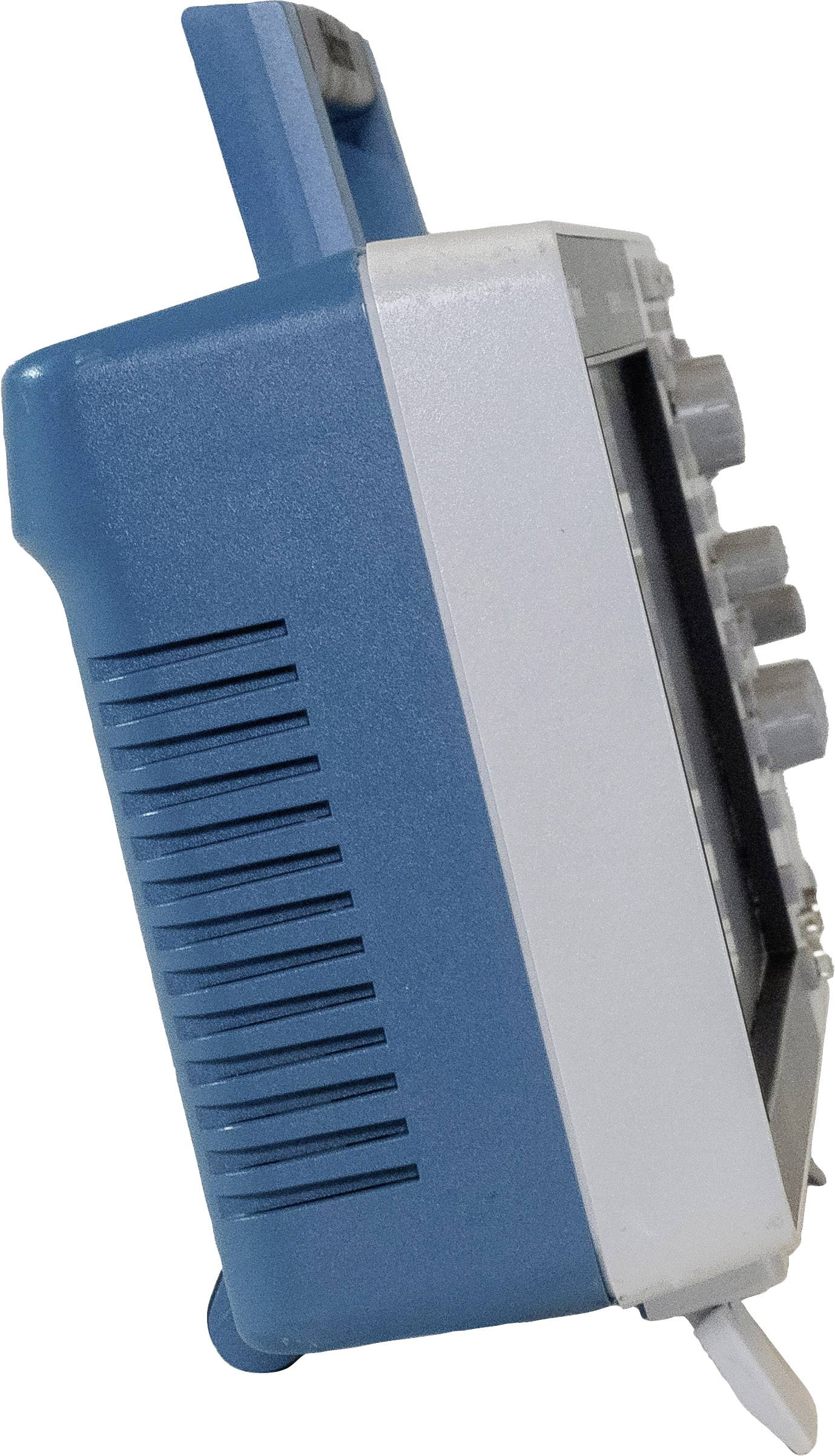 A portable, blue and white electronic device with multiple buttons on the front, side ventilation opening visible.