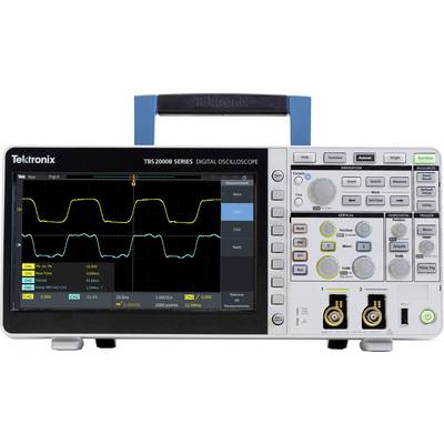 Digital oscilloscope with two waveforms displayed on the screen. Various controls and connections on the right-hand side.