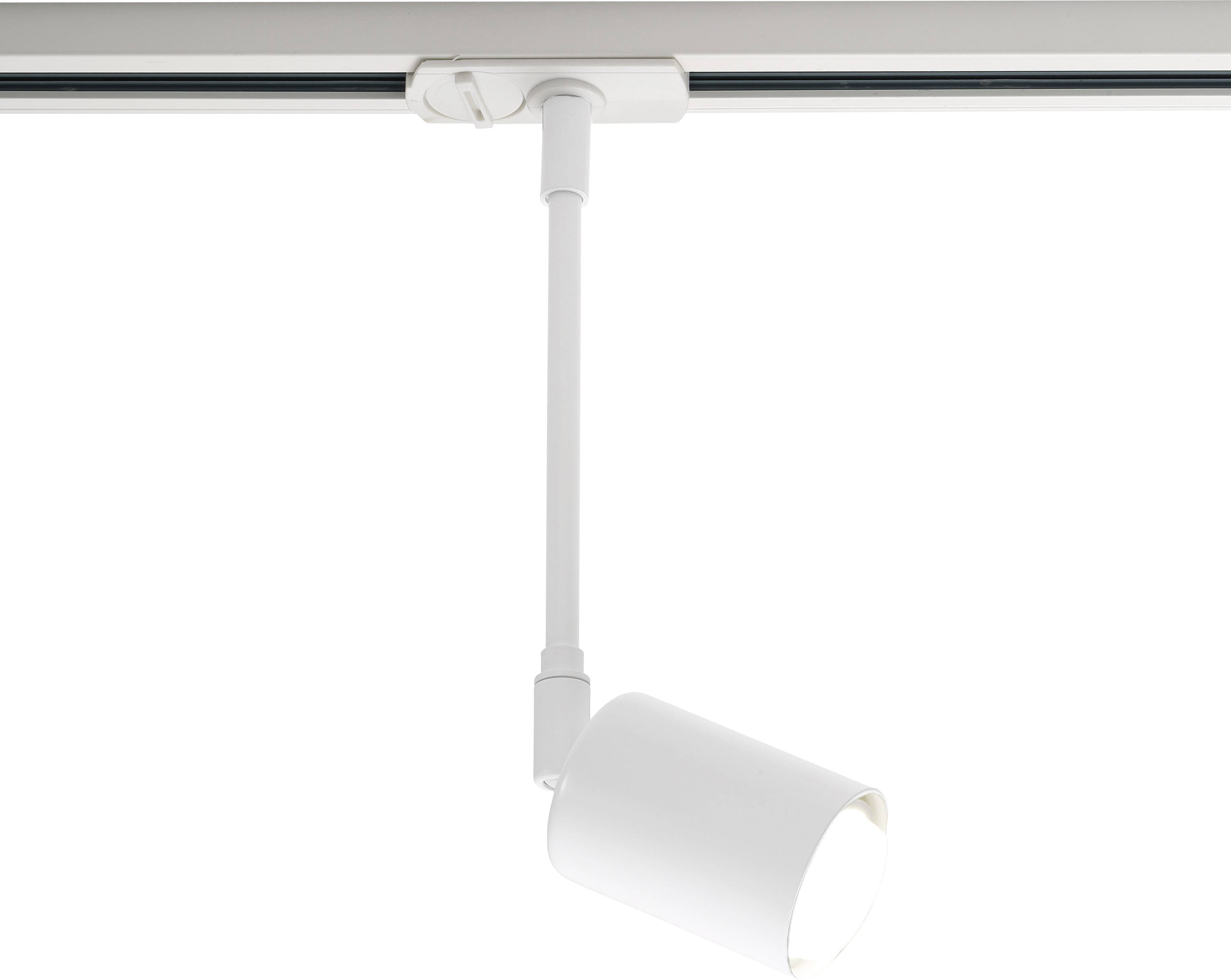 A single white ceiling spotlight hangs from a track and shines downwards.
