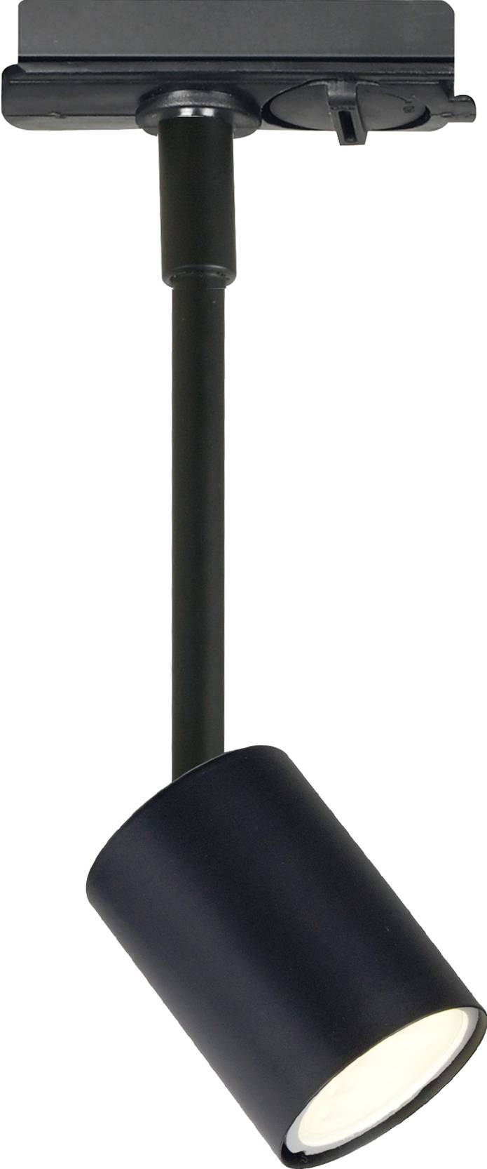 Black, cylindrical ceiling spotlight with a pivoting head, mounted on a black ceiling fixture.