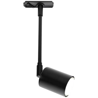 Black, cylindrical ceiling spotlight with a pivoting head, mounted on an adjustable rod, for directed lighting.