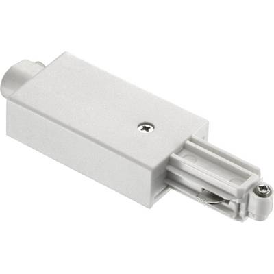 White, rectangular electrical connector with metal part and screw, used for connecting electrical cables or rail systems.