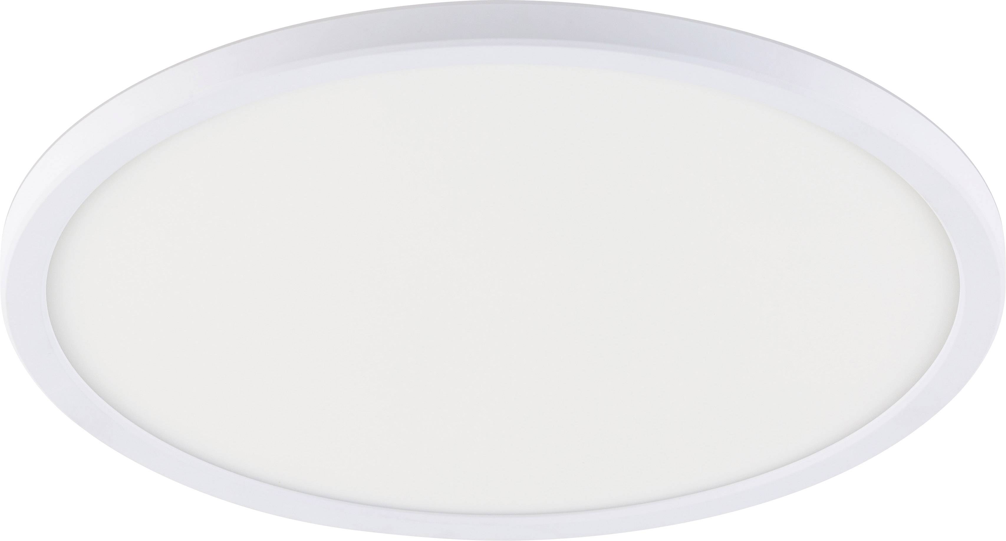White, oval LED ceiling light with minimalist design, suitable for modern interiors.