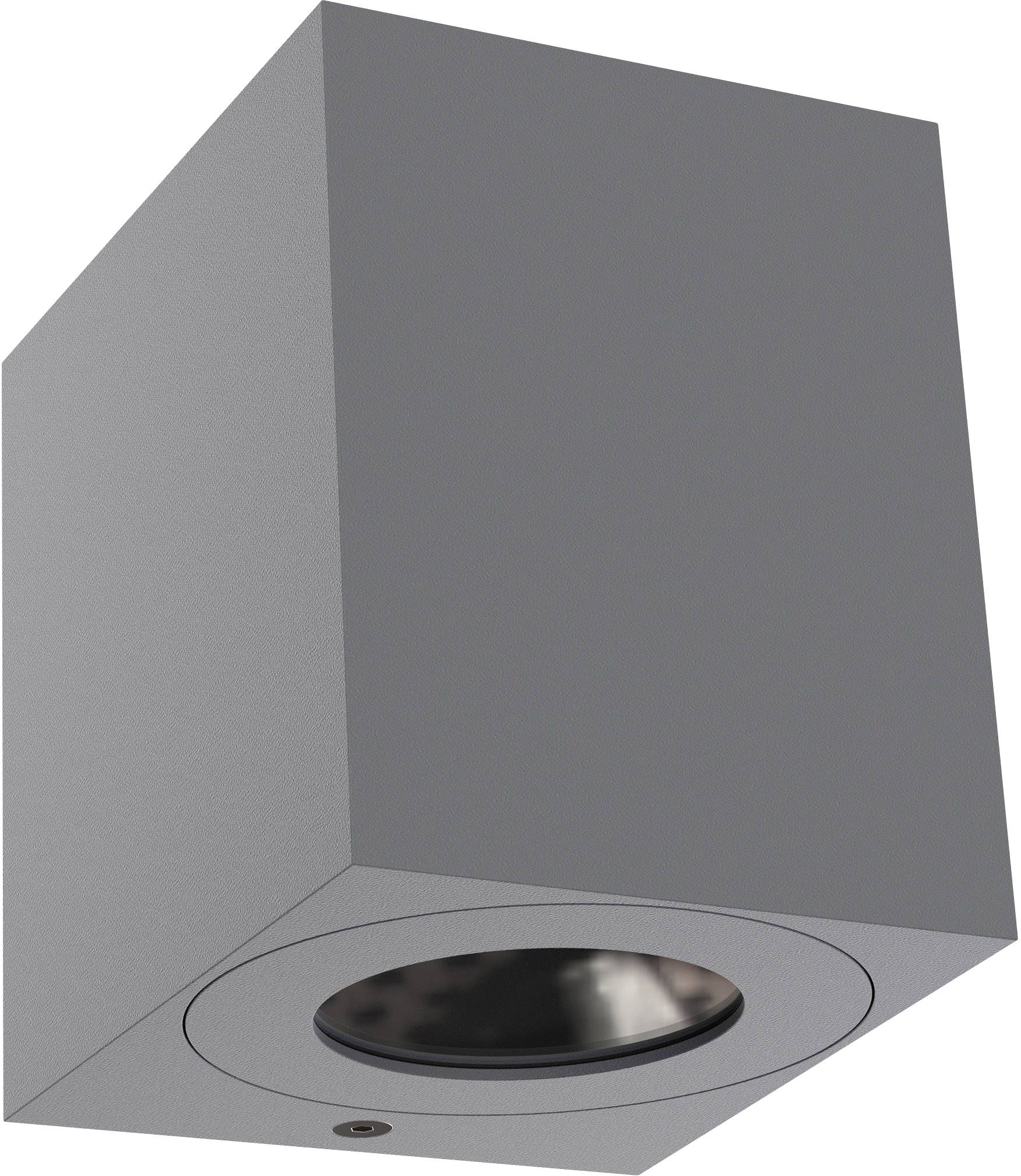 Compact, dark grey, rectangular outdoor lamp with a cylindrical light outlet at the bottom, suitable for wall mounting.