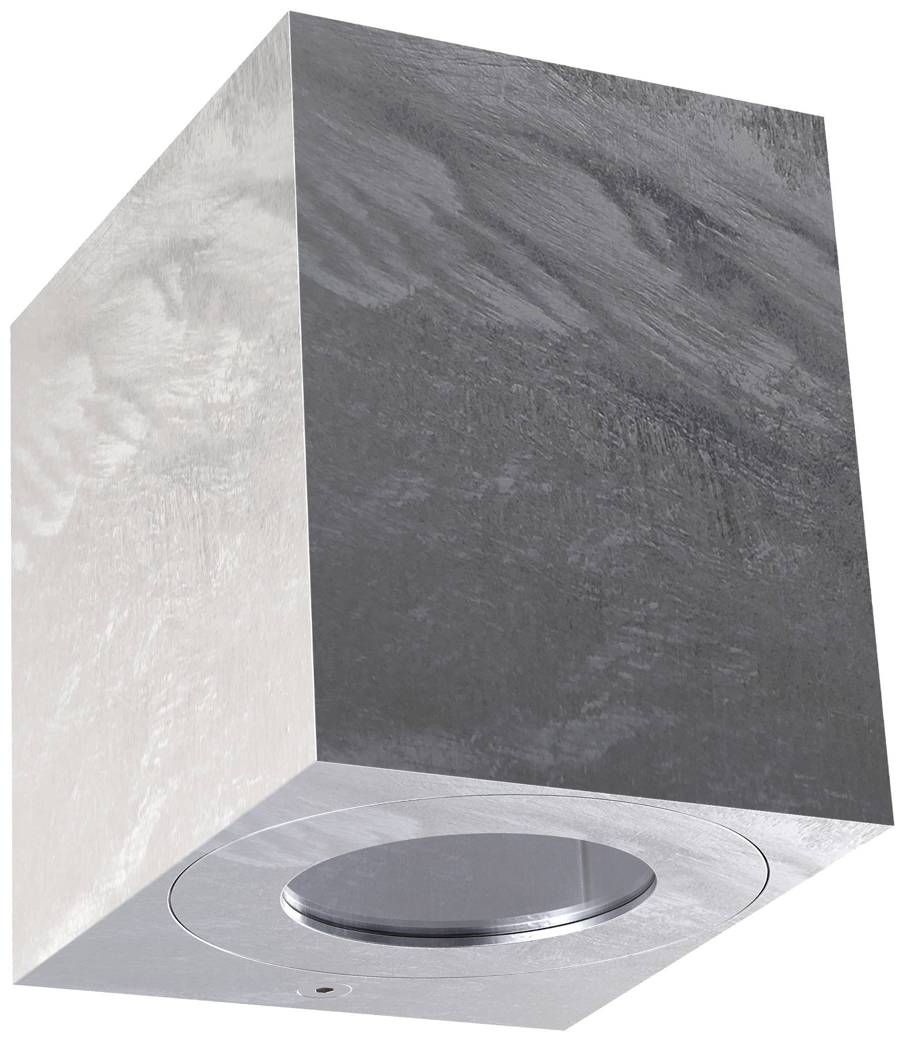 Cube-shaped outdoor wall light in aluminium with a grey finish, projecting downward illumination. Suitable for contemporary exterior spaces.