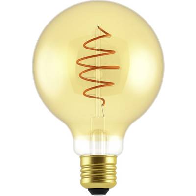 A round light bulb with a yellowish light and visible filament. It is switched off and placed on a white background.