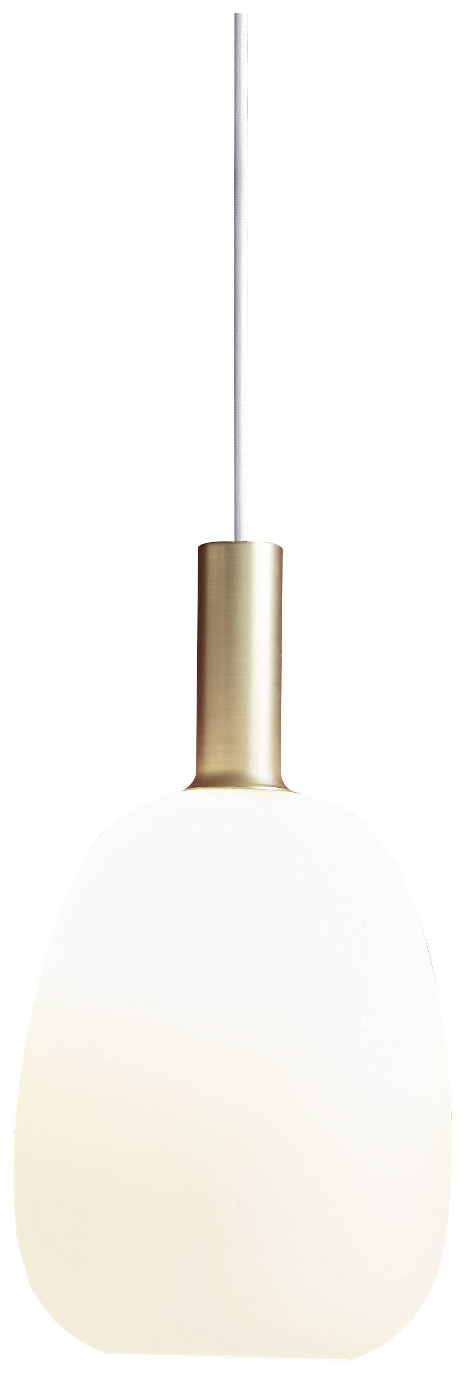 Pendant light made of matte white glass with a simple, linear form, mounted to the ceiling with a metallic gold fitting.