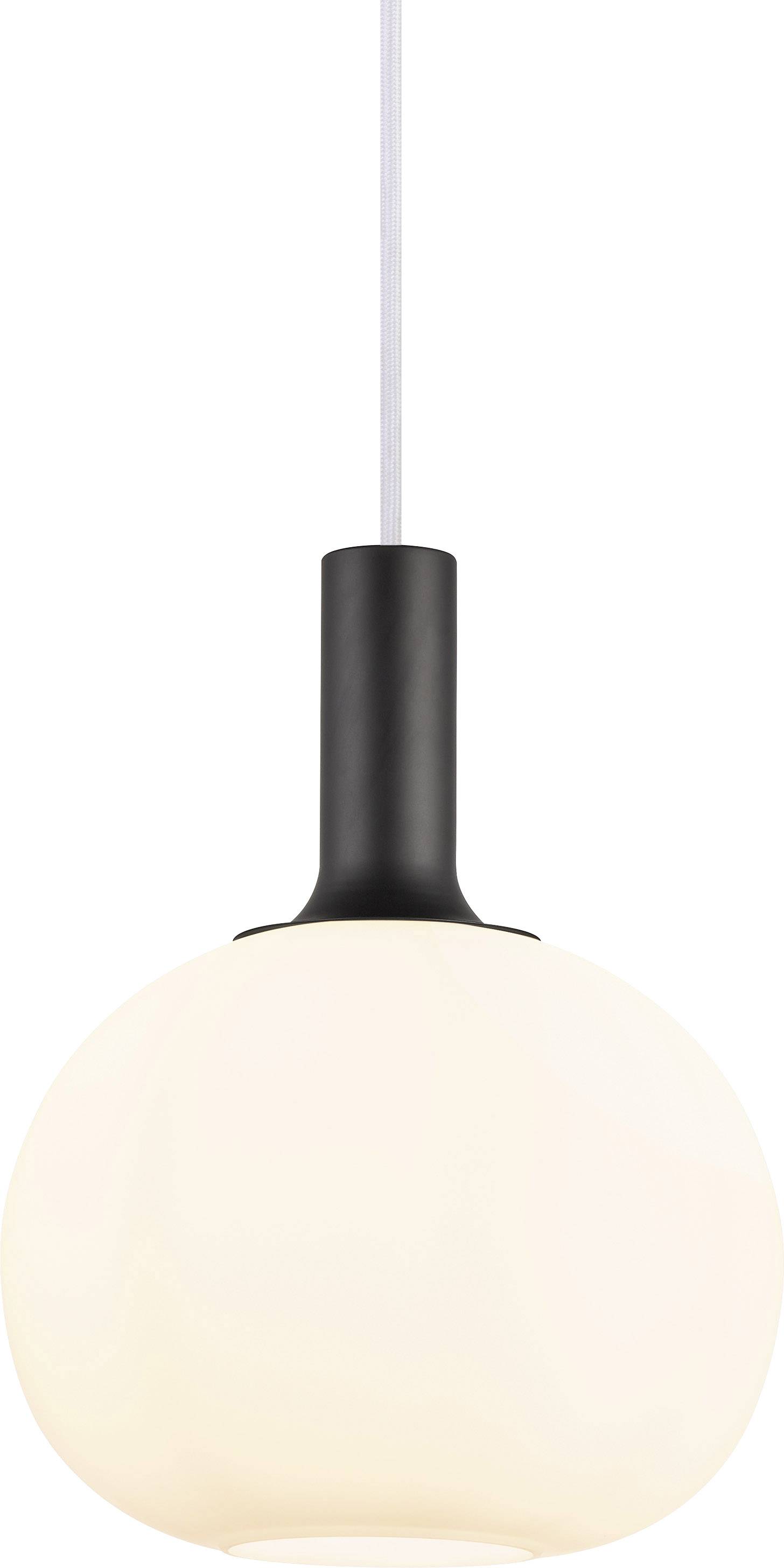 Modern, round pendant light with a white glass shade and black metal holder, hanging from a white cable.