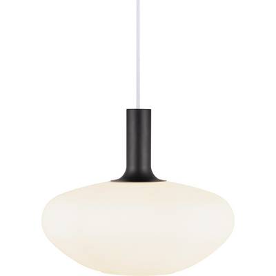 White, spherical pendant light with a black mount and visible cable, suitable for modern interiors.