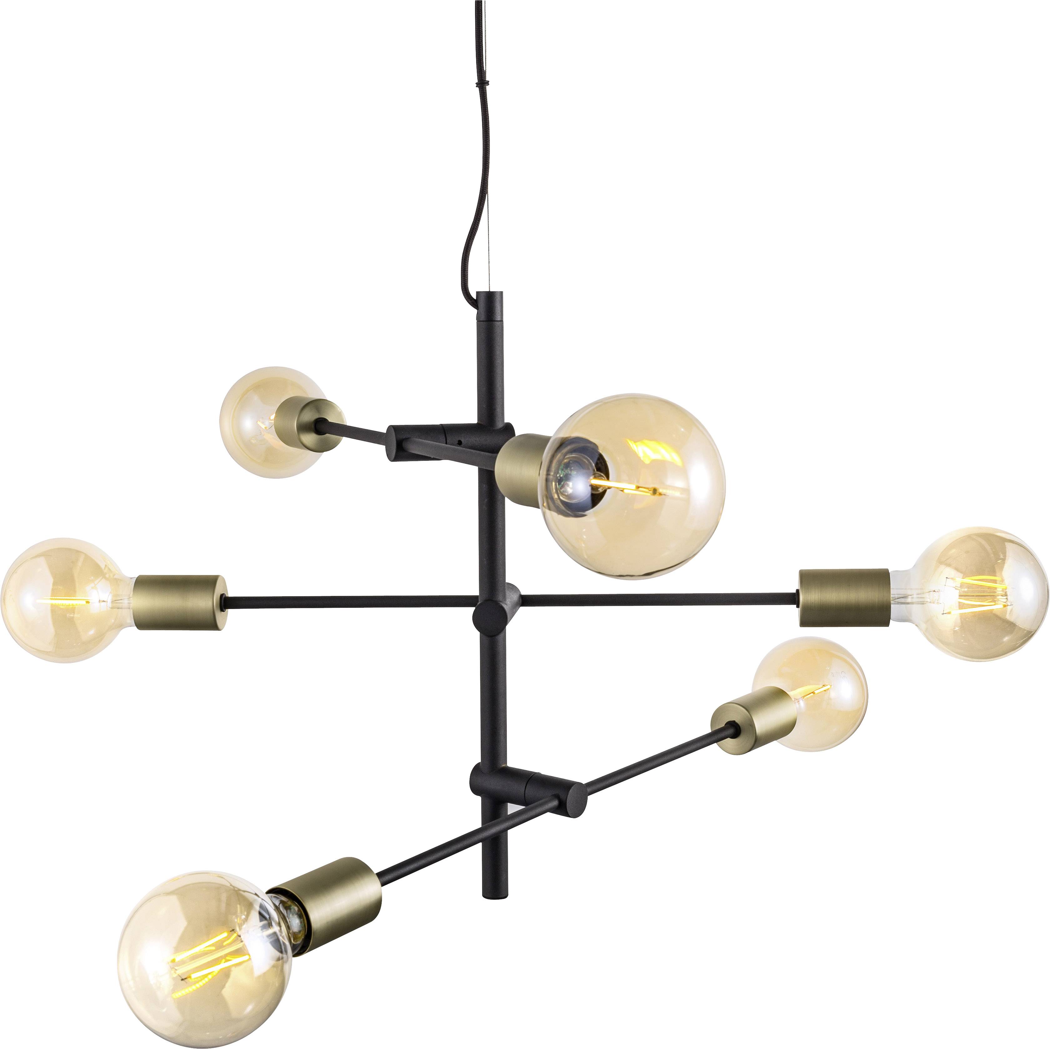 Modern hanging lamp with six round light bulbs in a symmetrical design; black rods and golden fixtures.