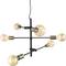 Modern hanging lamp with six round light bulbs in a symmetrical design; black rods and golden fixtures.