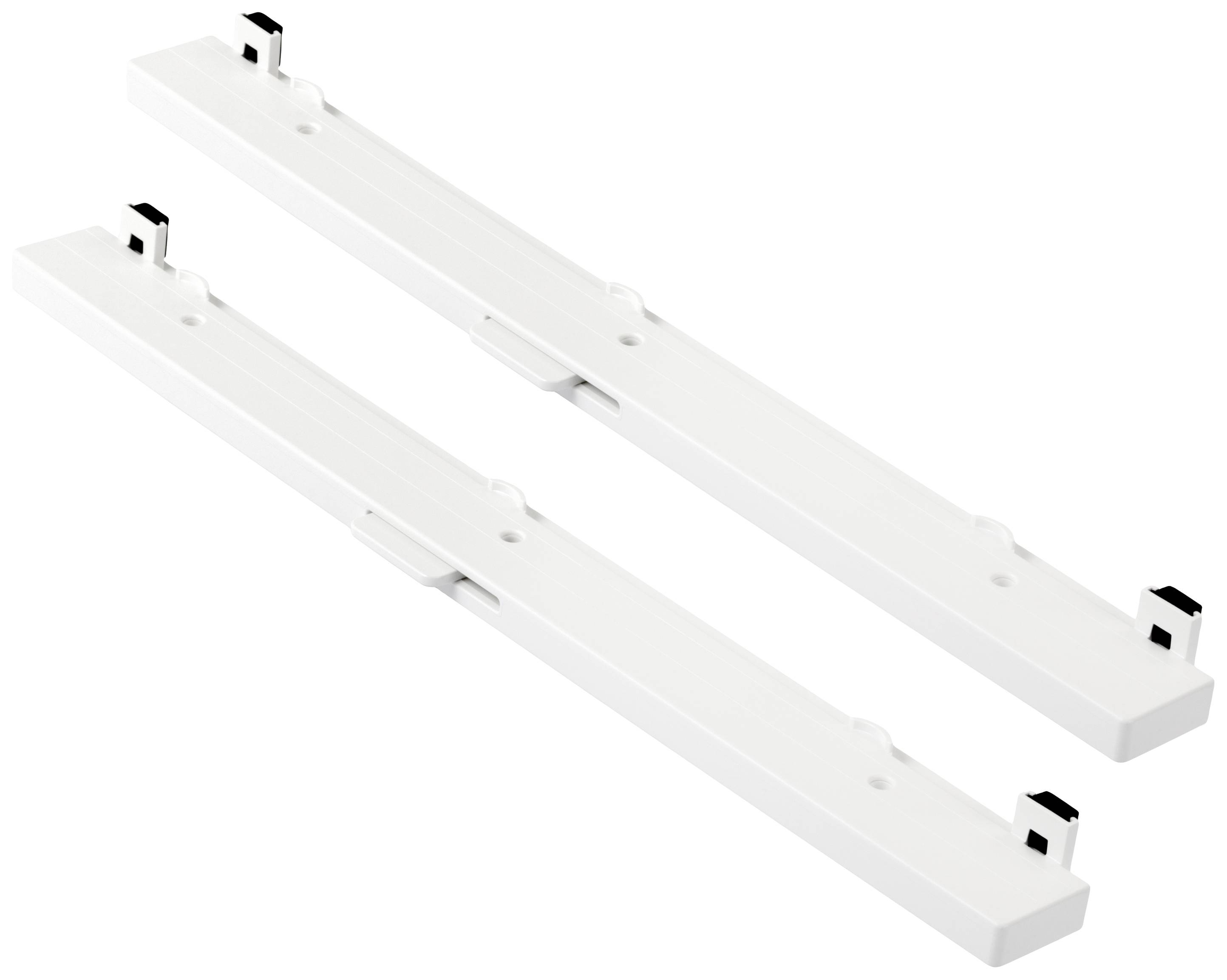 Two white, rectangular plastic mountings, arranged parallel to each other. They appear to be suitable for fastening.