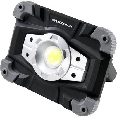 A portable LED floodlight in black and silver with a robust design and fold-out stand.