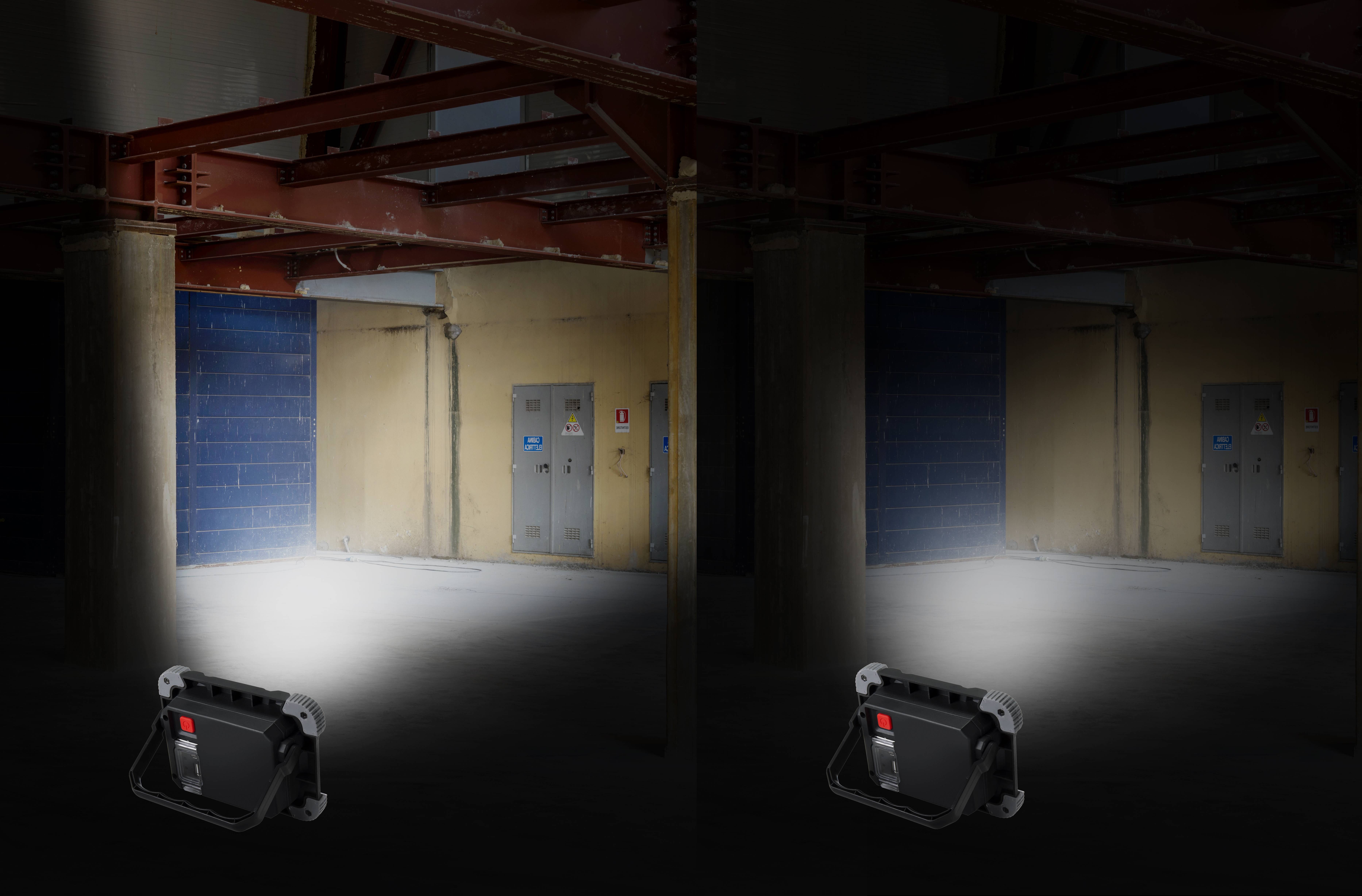 A comparison of two light beams in a space, showing the brightness of an LED lamp on the left and a less powerful lamp on the right.